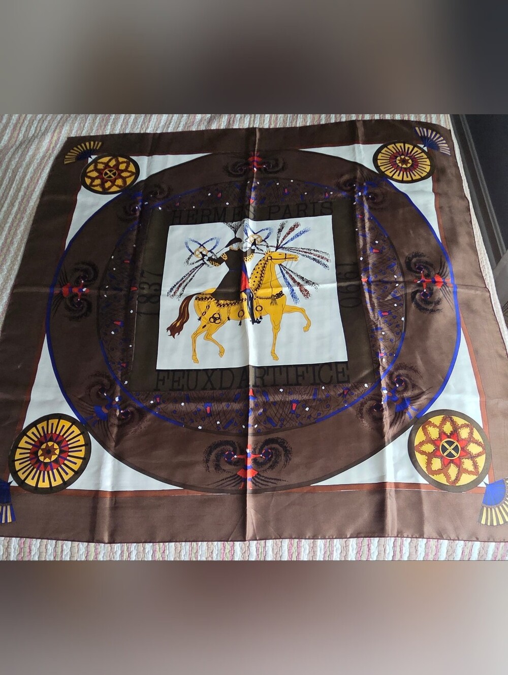 Hermes Brown, Yellow and Blue Equestrian Silk Wall Tapestry Vintage